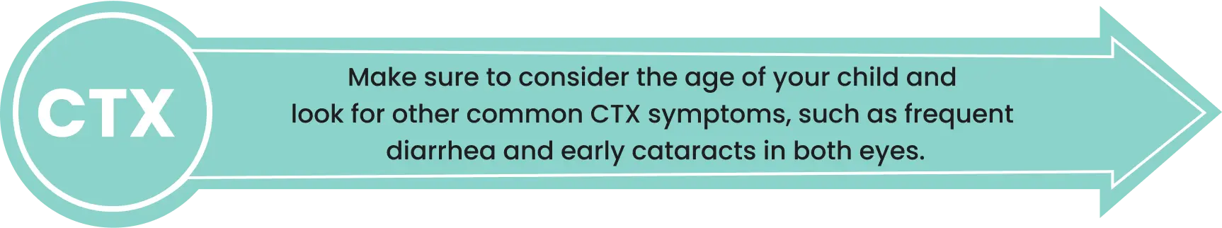 Make sure to consider the age of your child and look for other common CTX symptoms, such as frequent diarrhea and early cataracts in both eyes.